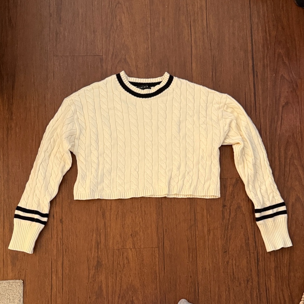 Blue Blush Cropped Cream Cable Knit Sweater with Black Trim